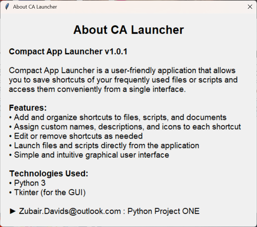 CA Launcher About Window